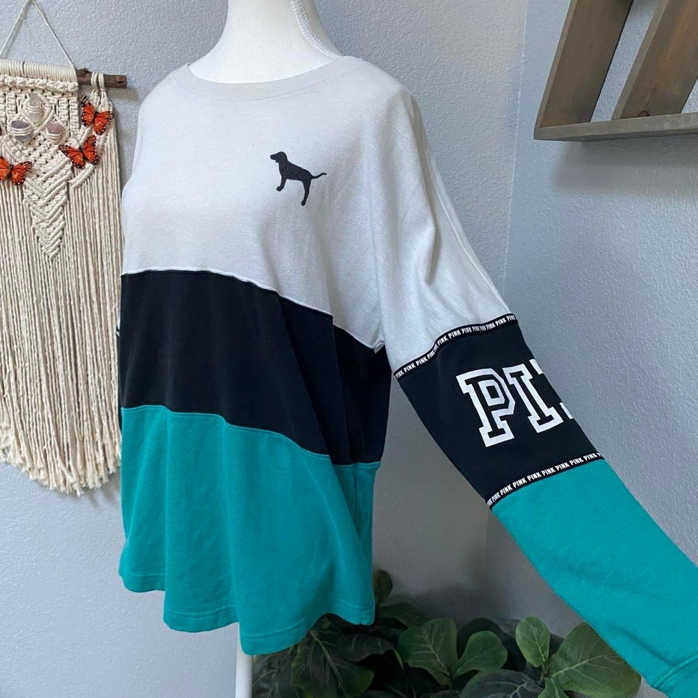 VS PINK COLORBLOCK WHITE BLACK TEAL LONG SLEEVE SHIRT PULLOVER Y2K CASUAL LOUNGE - Picture 3 of 8